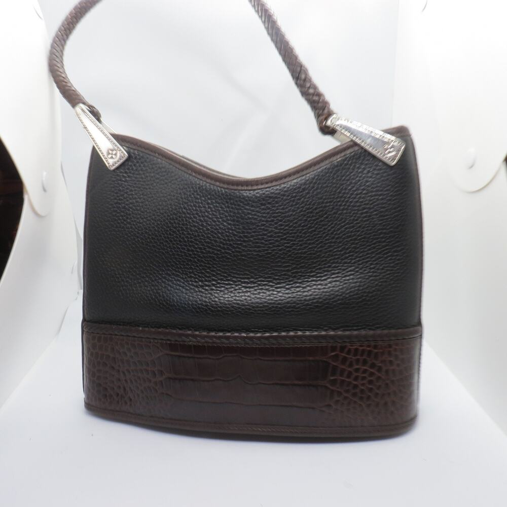 Brighton Two-Tone Black Brown Leather Shoulder Bag Braided Strap Hobo